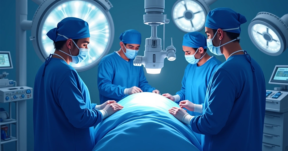 Equipe médica realizando cirurgia robótica urológica 