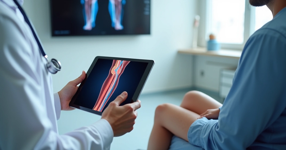 Médico vascular explicando cirurgia de safenectomia com ilustração da veia safena na perna 