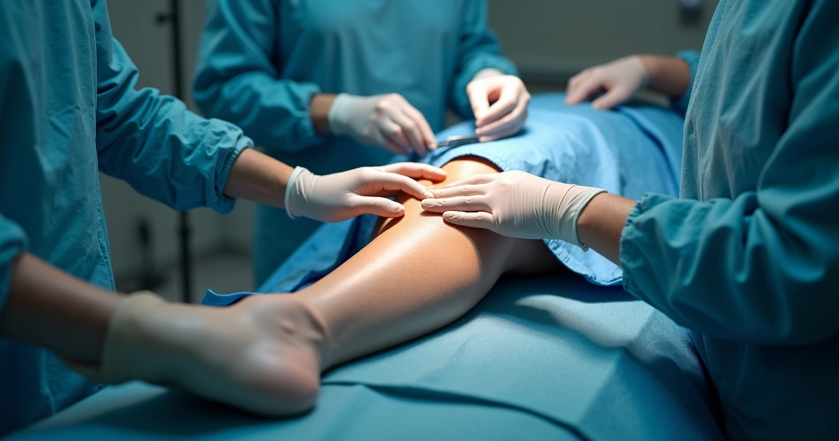 Cirurgião realizando procedimento tradicional na veia da perna do paciente 