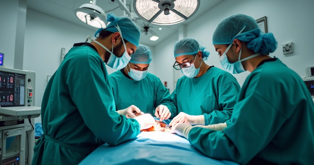 Equipe médica realizando cirurgia em um centro cirúrgico moderno 