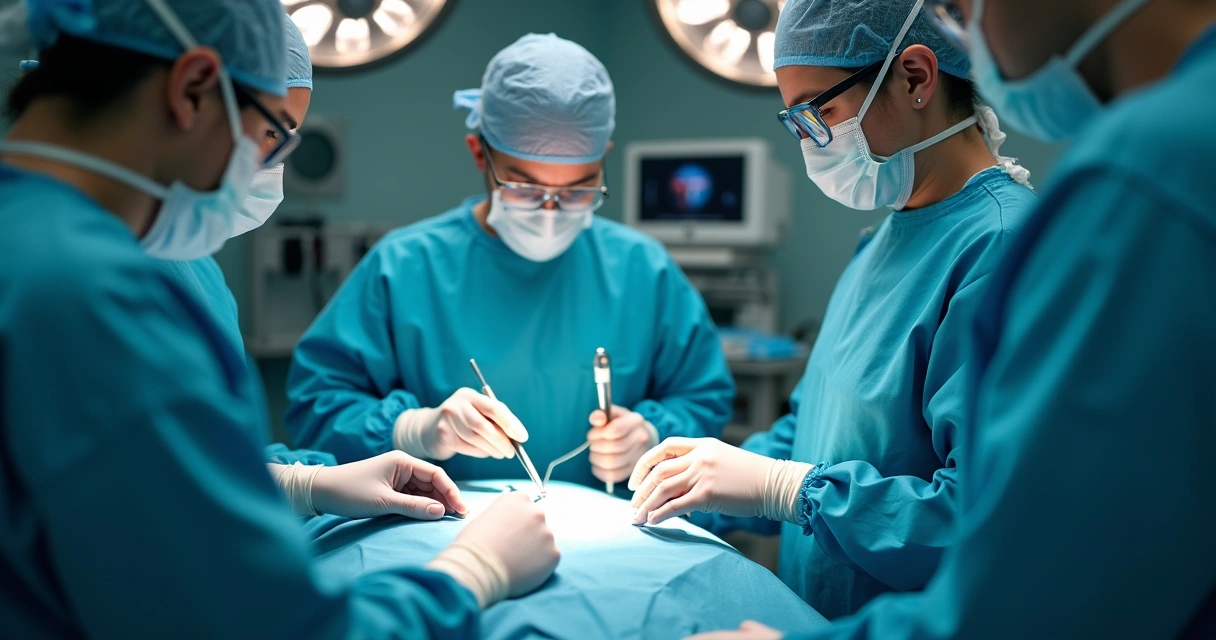 Equipe médica realizando cirurgia de transplante de medula óssea 