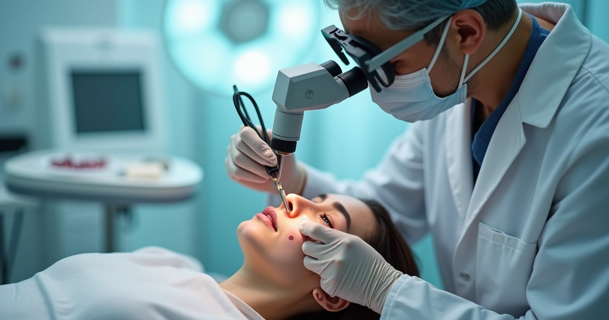 Dermatologista aplicando técnica delicada de transplante de melanócitos em área de vitiligo no rosto de paciente 