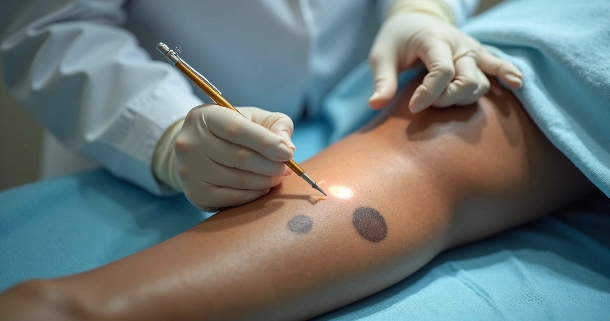 Paciente deitado recebendo transplante de melanócitos na pele clara da perna 