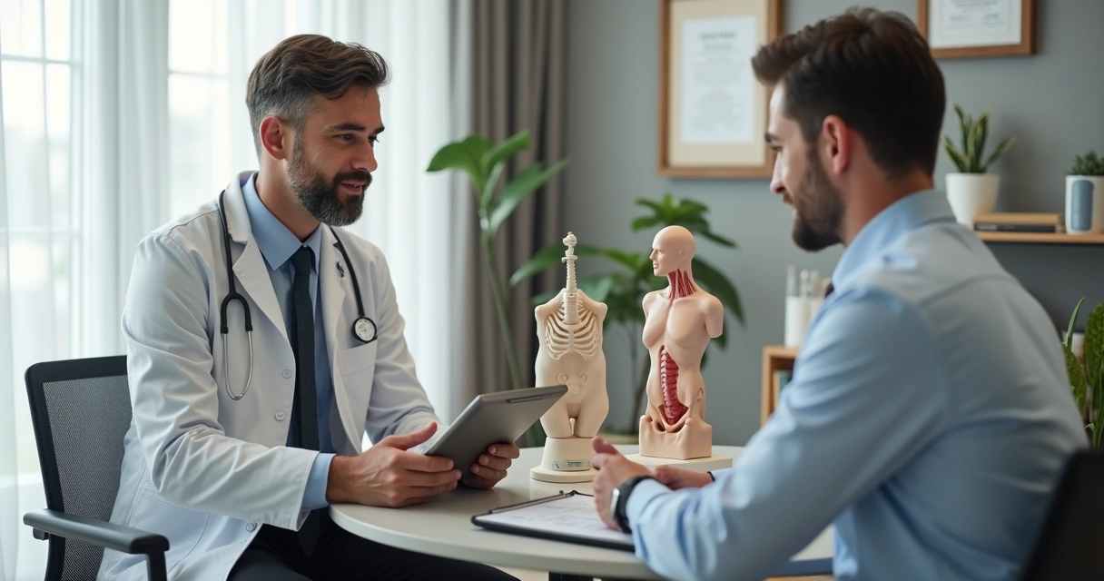 Consulta urológica com modelo anatômico e orientação ao paciente 