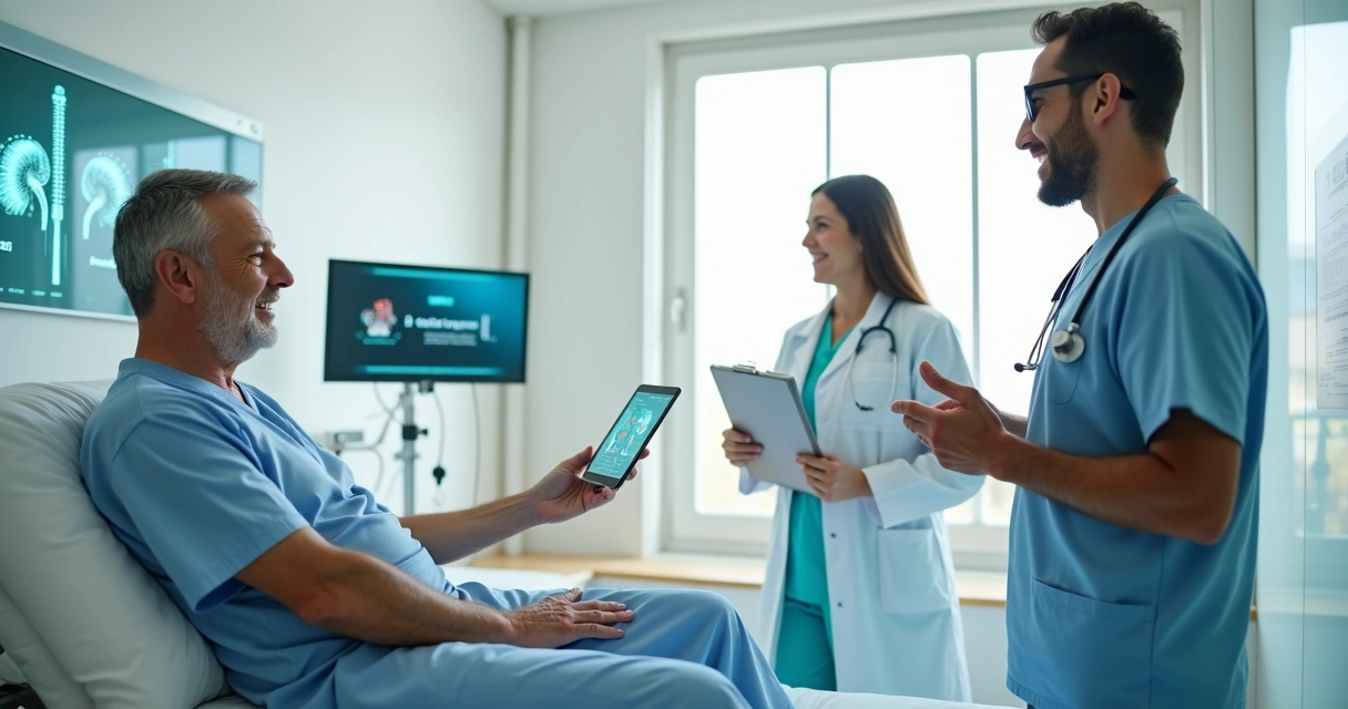 Equipe médica de urologia atendendo paciente em hospital privado moderno 