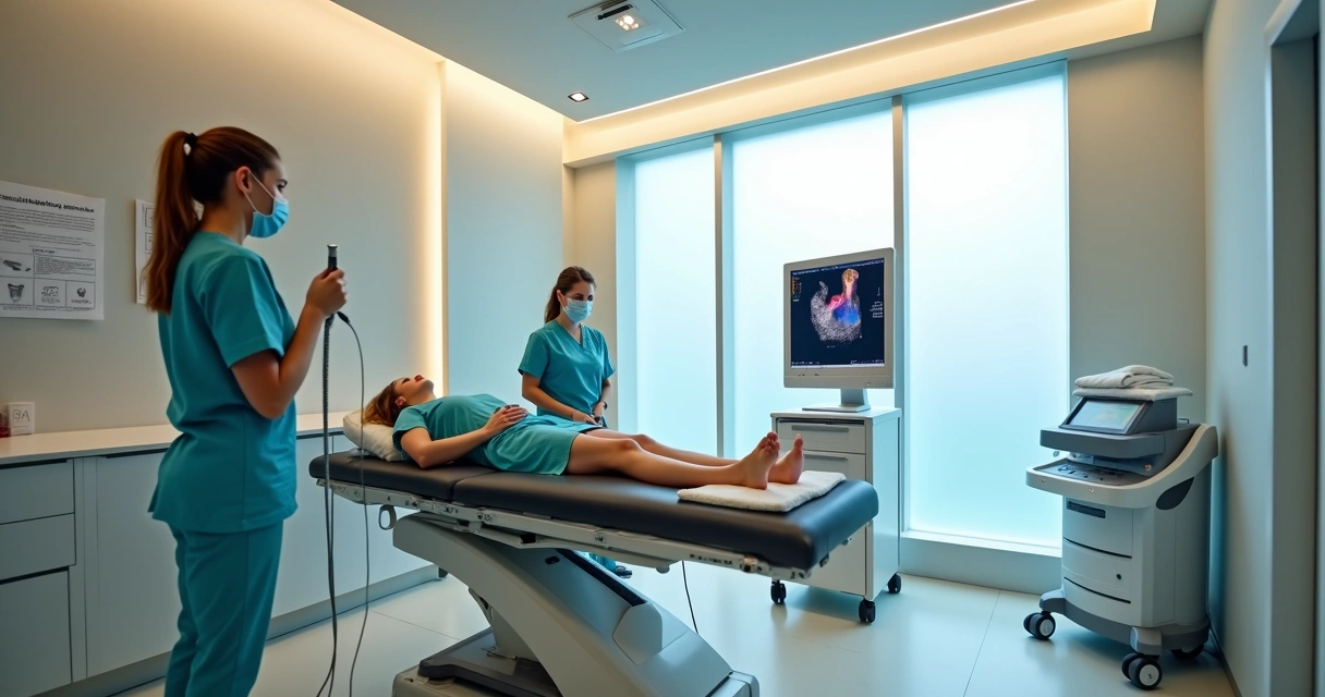 Equipe vascular avaliando pernas com varizes em sala de cirurgia moderna 