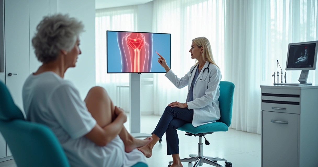 Médico vascular explicando tratamento de varizes a paciente em clínica moderna 