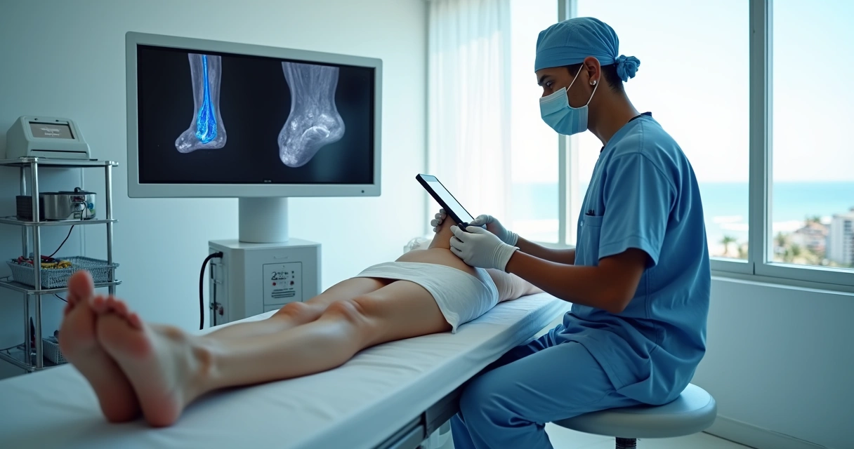 Cirurgião vascular ajusta equipamento de endolaser em sala de procedimento moderna 