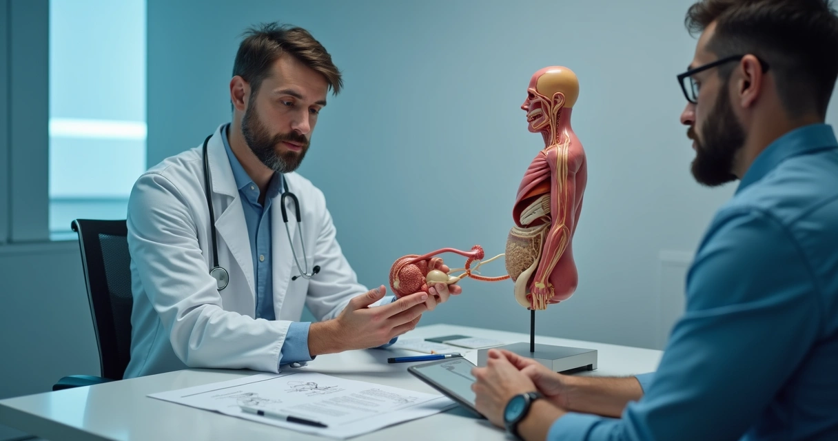 Médico mostando modelo anatômico e explicando vasectomia 