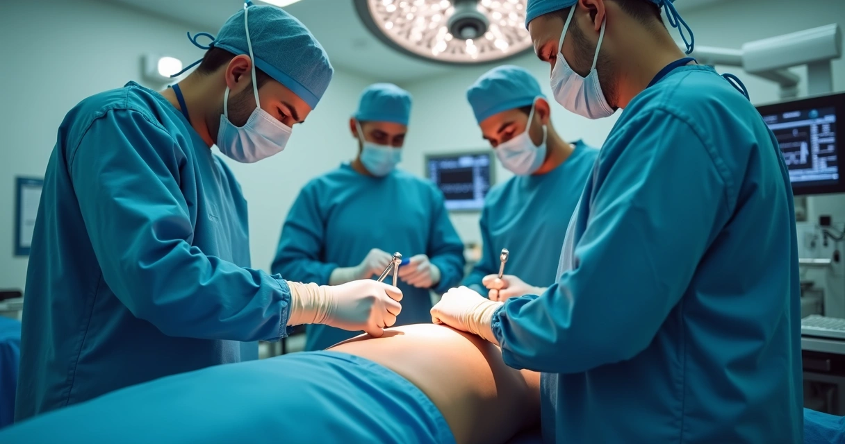 Sala de cirurgia hospitalar preparada para procedimento de vasectomia com equipe médica e equipamentos 