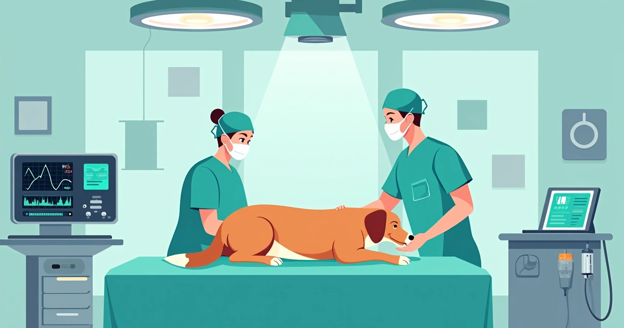 Equipe veterinária monitorando cão anestesiado em cirurgia com ambiente calmo e tecnológico 