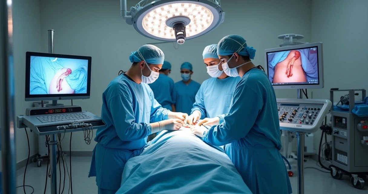 Cirurgiões realizando videocolecistectomia em sala de operação moderna 