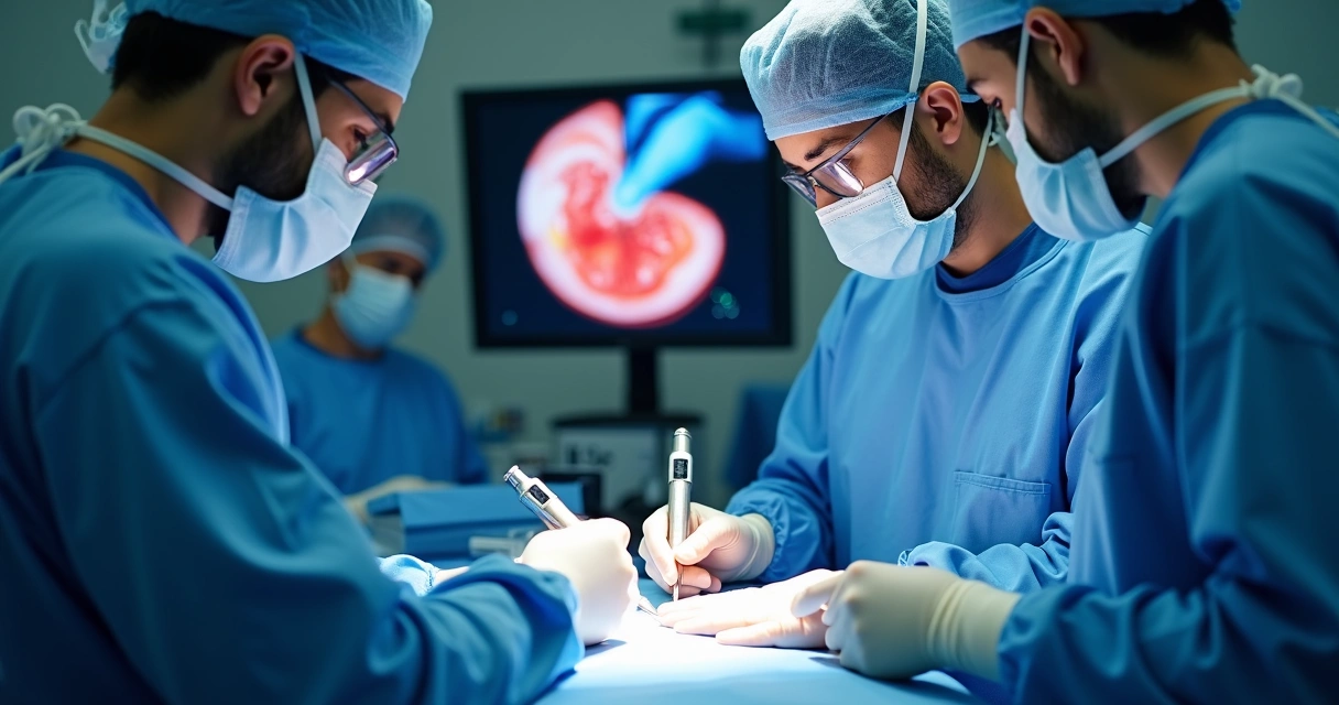 Sala de cirurgia equipada com monitores e cirurgiões usando videolaparoscopia 