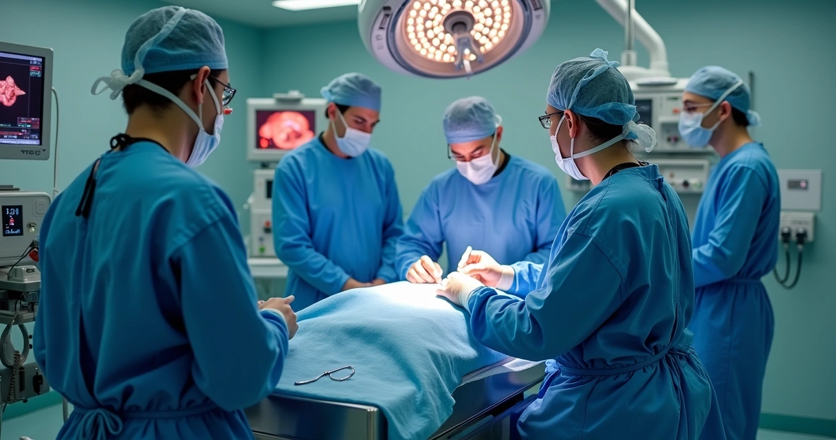 Equipe médica realizando videocolecistectomia, monitores mostram imagens internas 