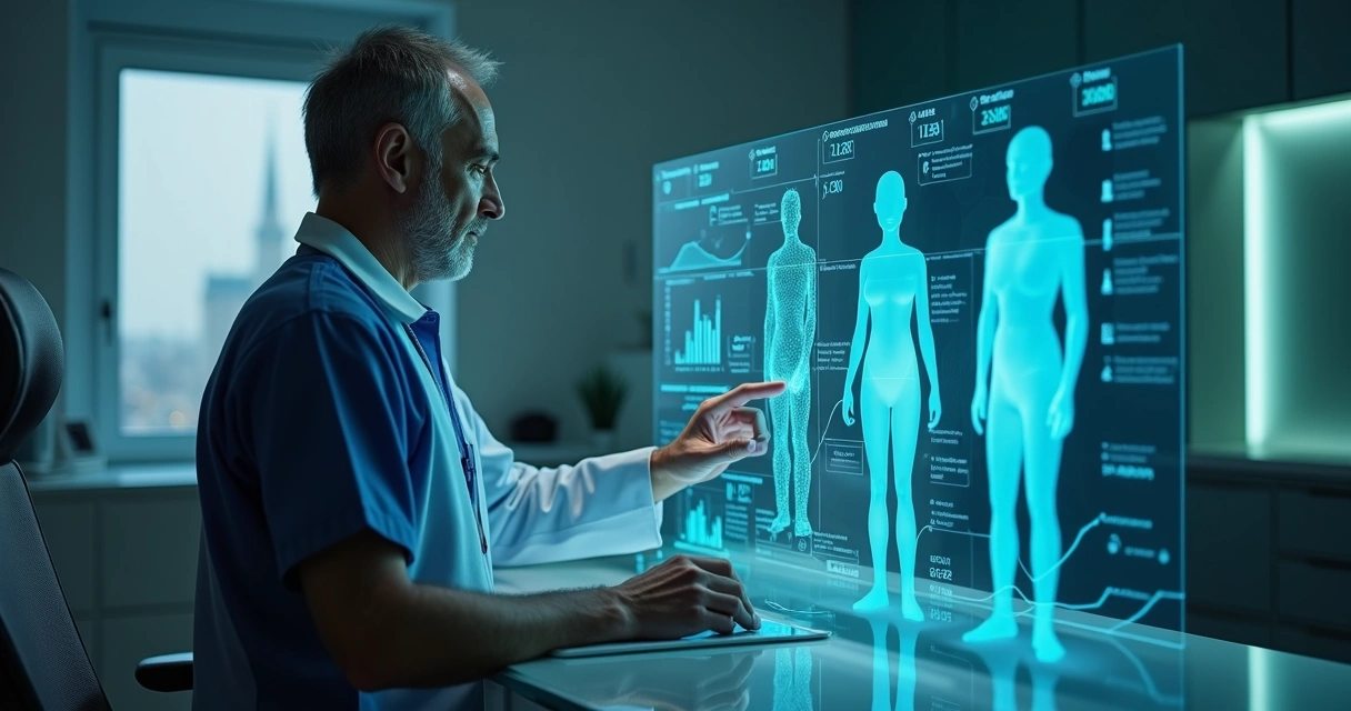 Cirurgião avalia gráficos de tráfego pago em tela transparente ao lado de hologramas de pacientes 