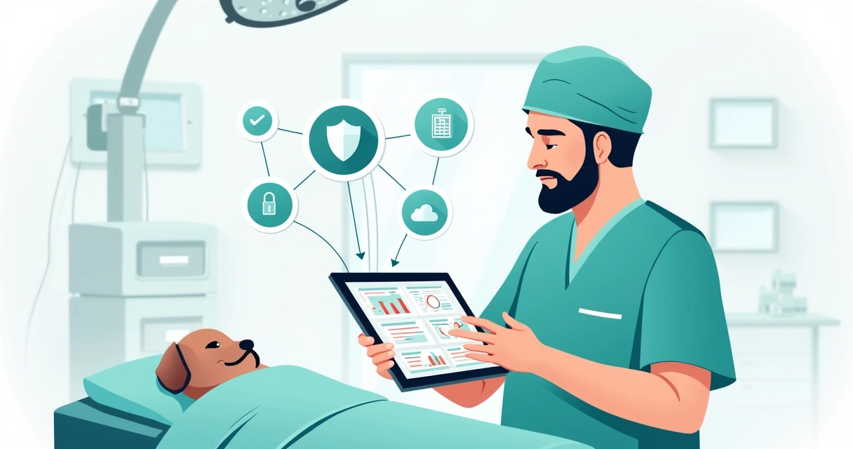 Veterinário usando aplicativo de ficha anestésica digital durante cirurgia