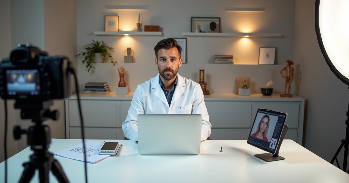 Cirurgião plástico gravando vídeo educativo com cenário profissional e equipamentos de produção de conteúdo 