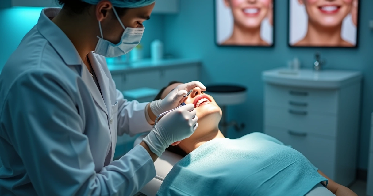 Dentista aplica procedimento facial em paciente em consultório moderno 