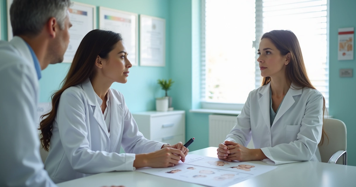 Cirurgião plástico conversando com paciente sentado em consultório 