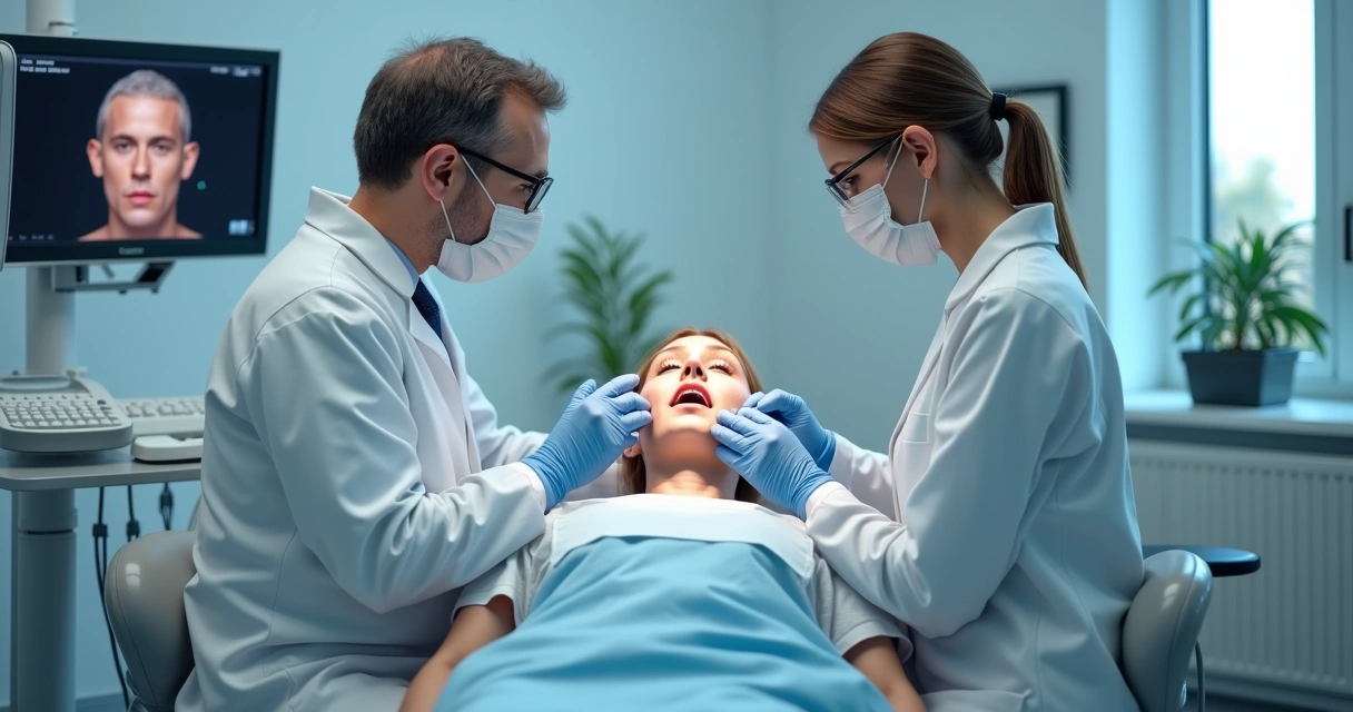 Cirurgião-dentista realiza procedimento facial, equipe observa procedimento em clínica moderna
