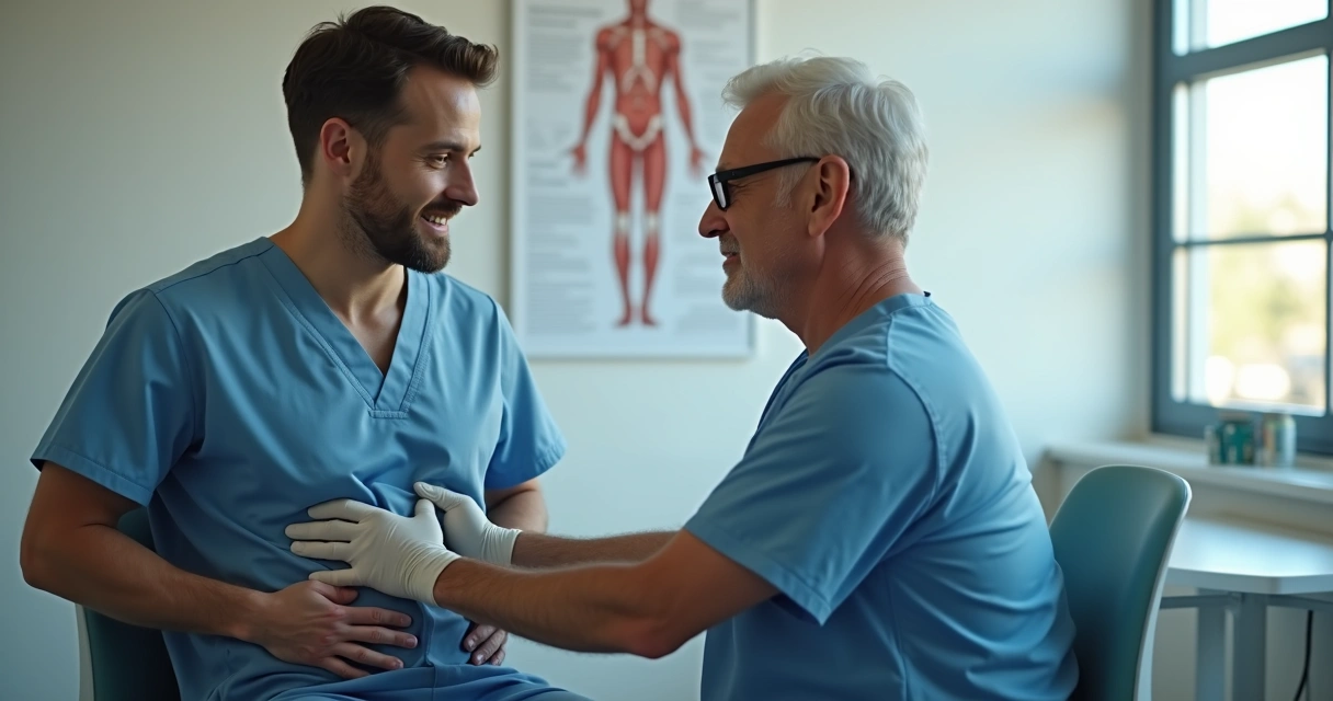 Cirurgião examinando região abdominal de paciente sentado. 