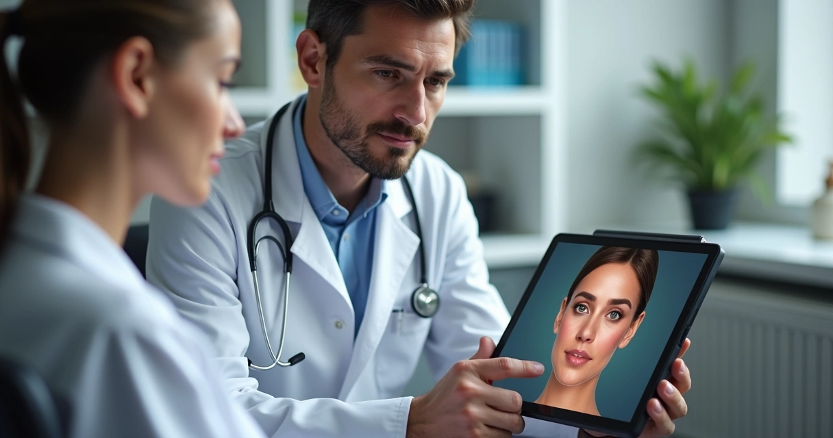 Cirurgião mostrando resultados previstos em tablet para paciente.