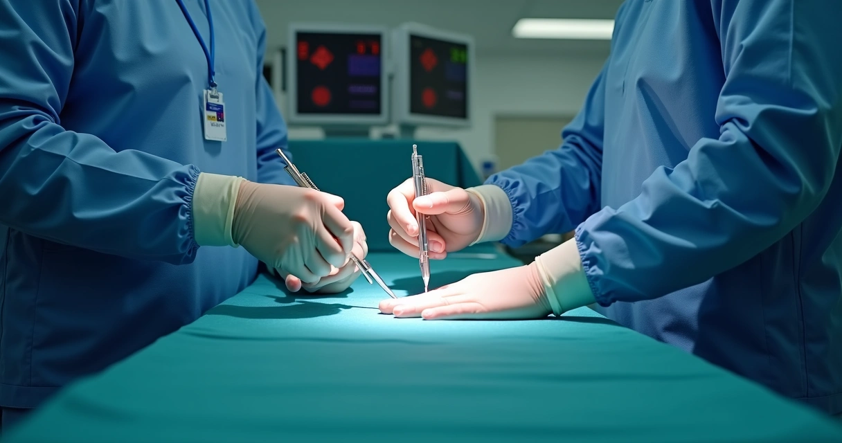 Cirurgião prepara endoprótese vascular com instrumentos médicos, luz concentrada na mesa. 