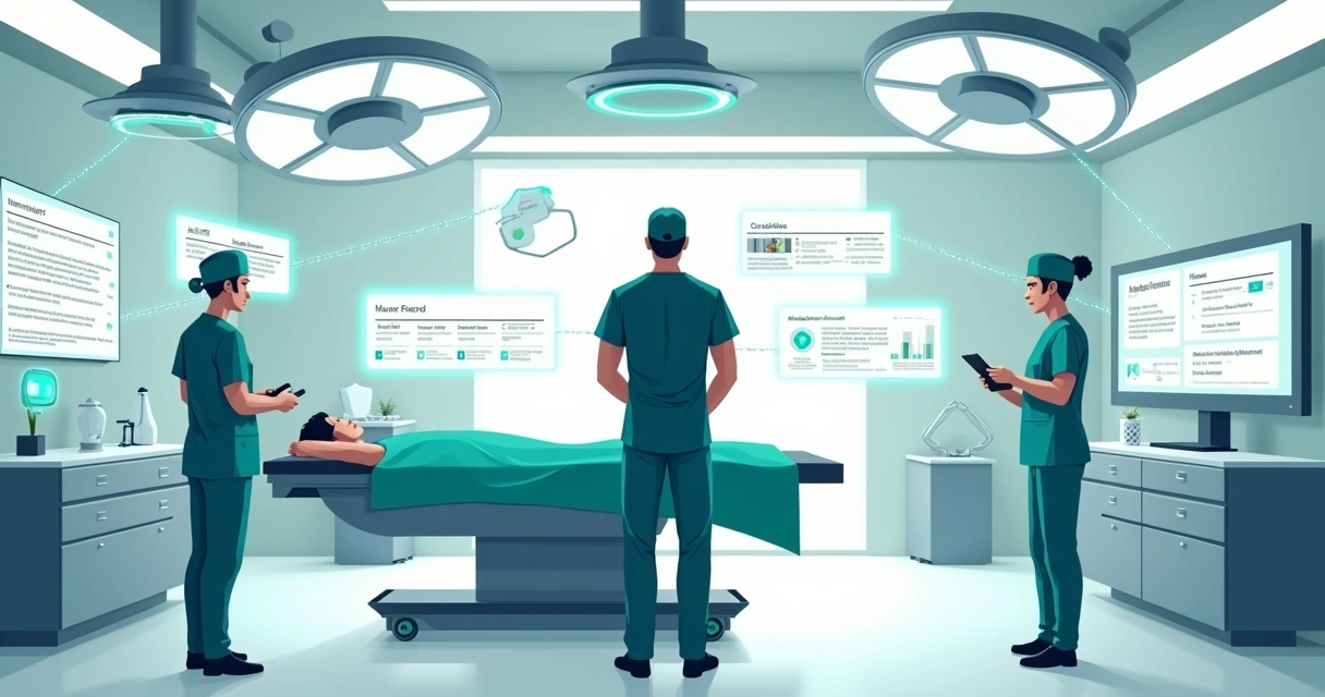 Cirurgião em centro cirúrgico conectado a painel digital e fluxos automatizados 