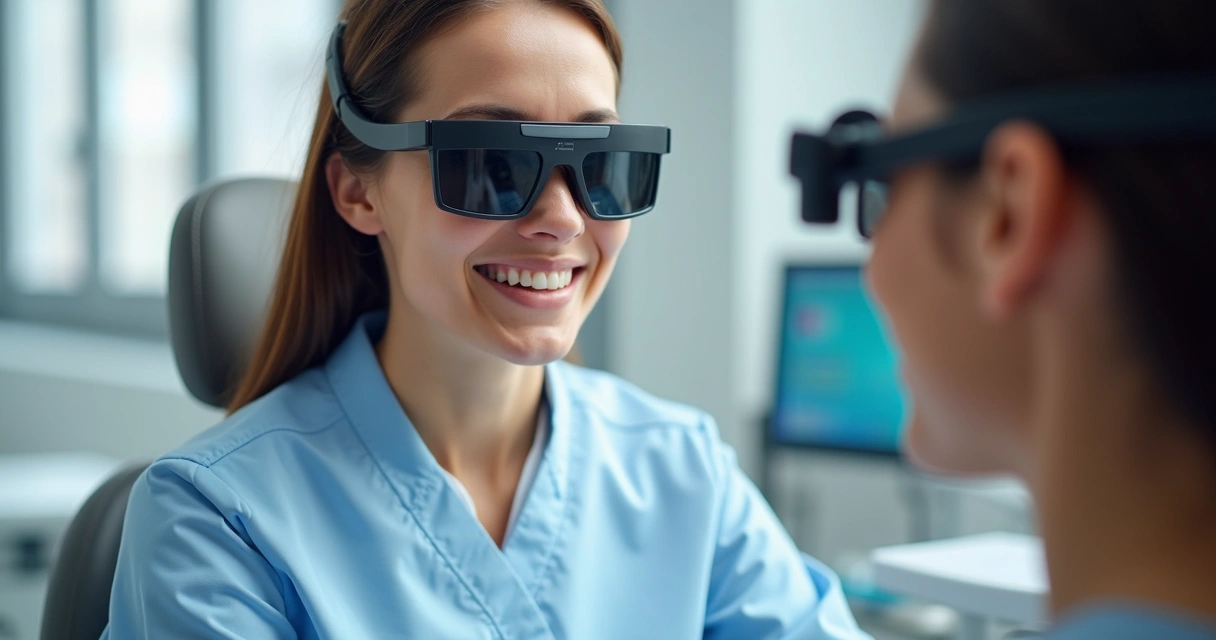 Dentista usando lupa leve e confortável durante o atendimento 