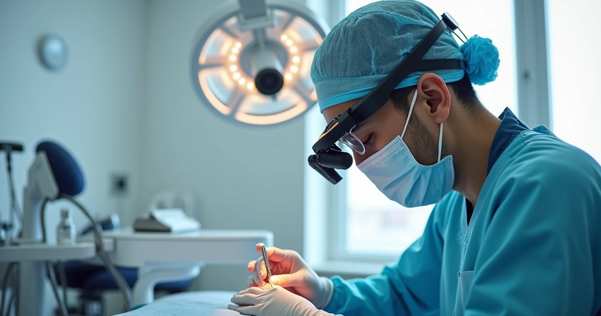 Cirurgião odontológico usando lupa binocular em ambiente clínico com luz branca e equipamentos modernos 
