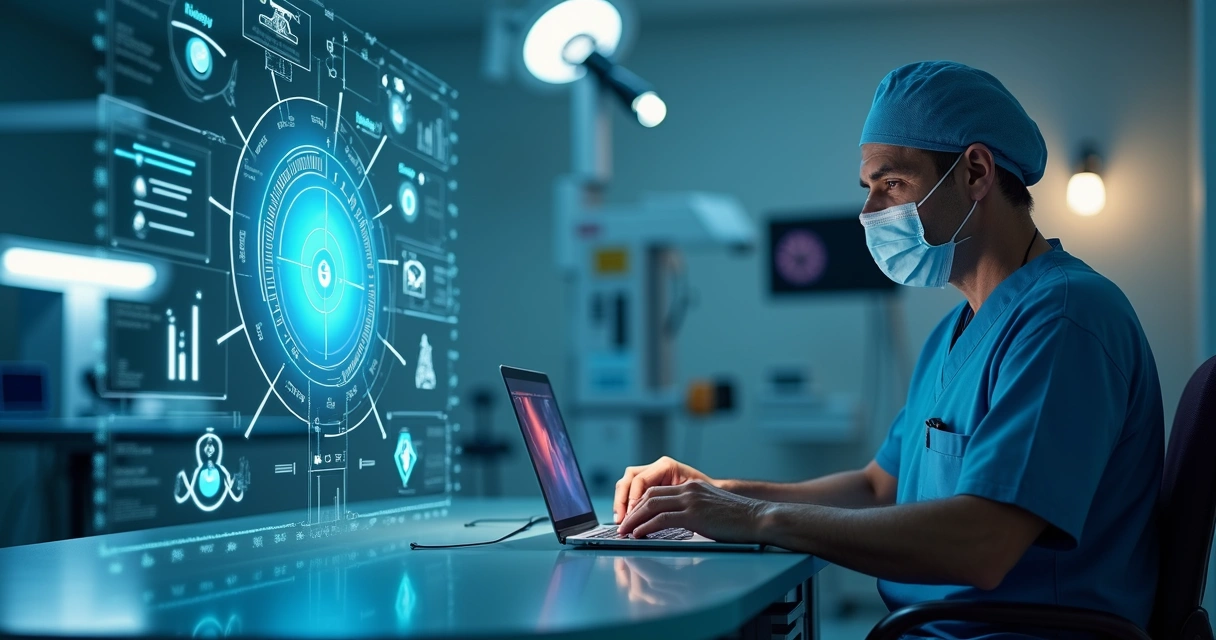 Oftalmologista em centro cirúrgico olhando projeção digital com ícones de pacientes e gráficos 