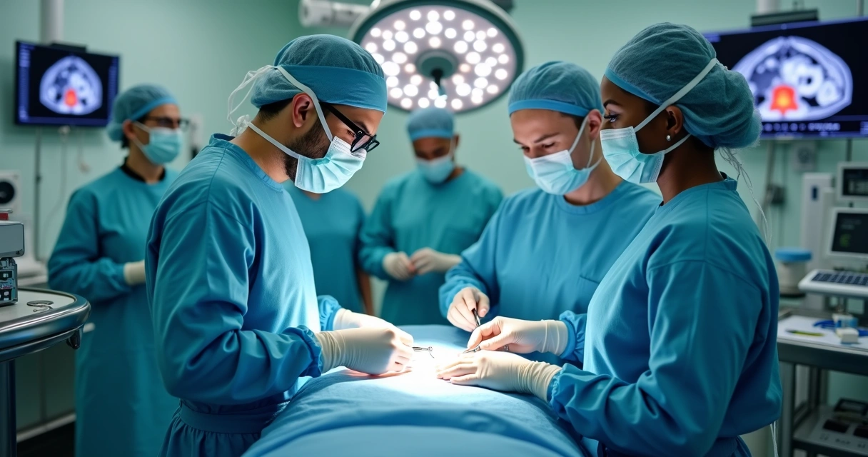 Cirurgião oncológico em equipe multidisciplinar durante cirurgia de câncer 