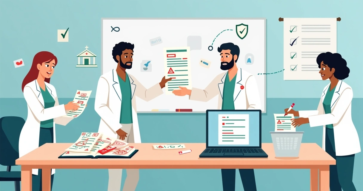 Equipe médica organizando guias médicas com documentos físicos e digitais sobre a mesa 