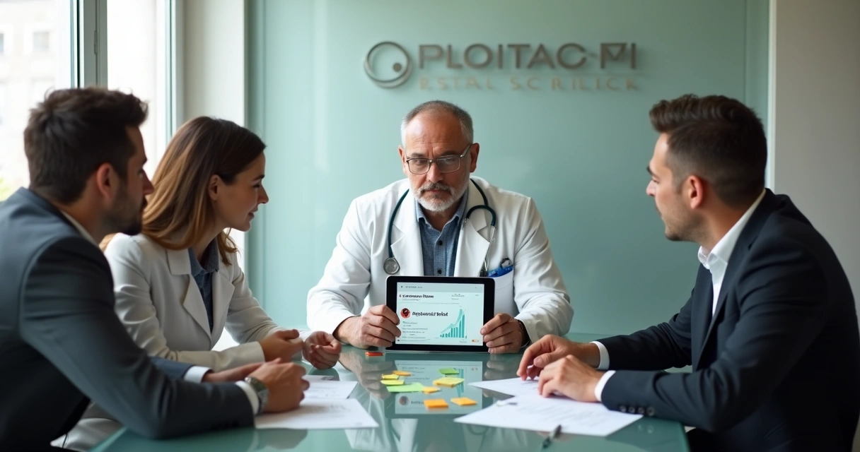 Cirurgião plástico analisando avaliação negativa no tablet com equipe ao lado 