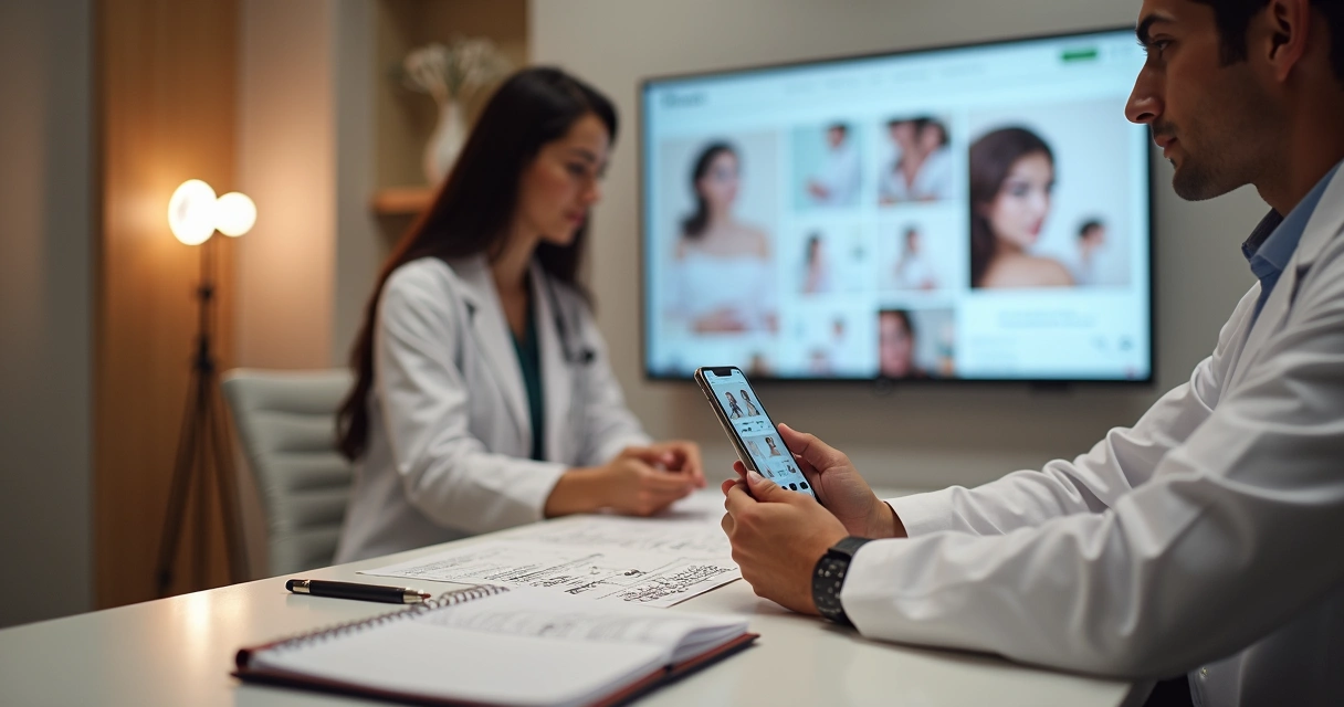 Cirurgião plástico em consultório elegante preparando conteúdo de Instagram no celular 