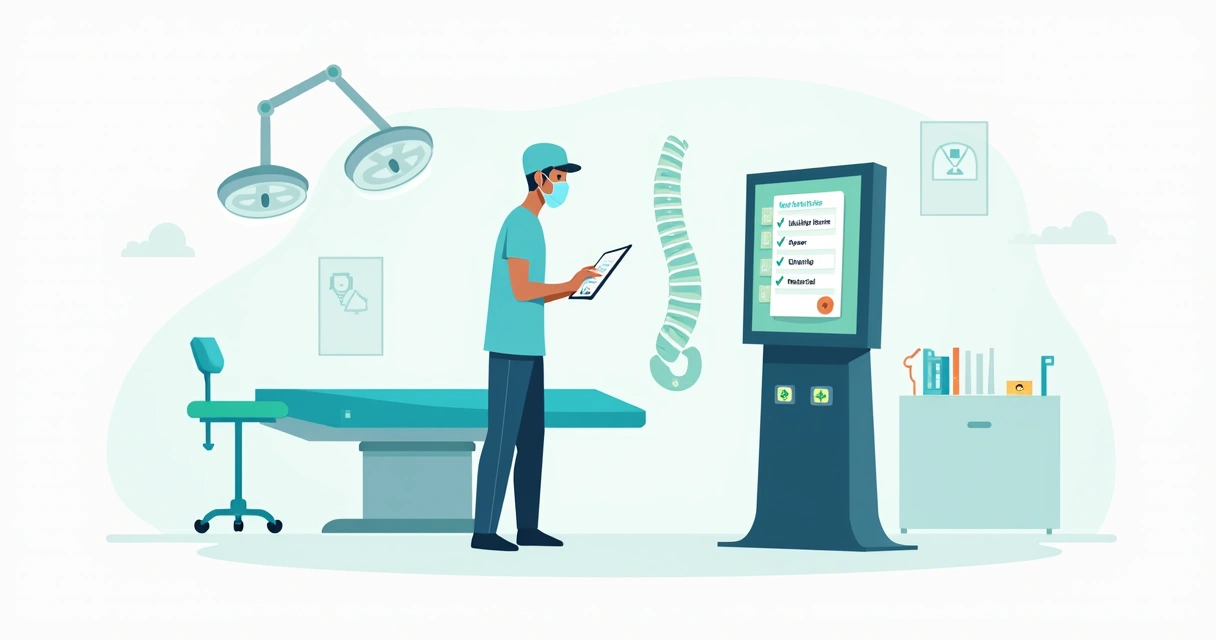 Cirurgião em centro cirúrgico moderno revisando guia digital de procedimento 