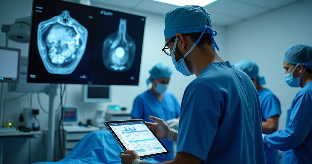 Cirurgião analisando exame de tireoide na sala de cirurgia. 
