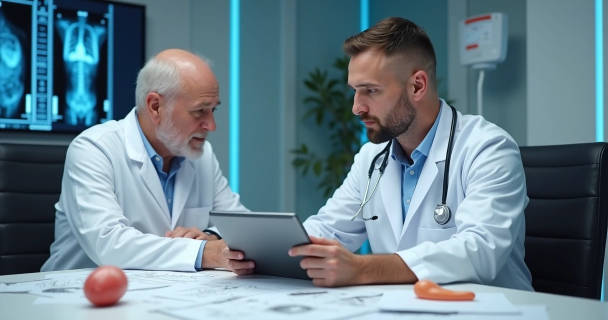 Cirurgião urologista em consultório ao lado de paciente discutindo exames 