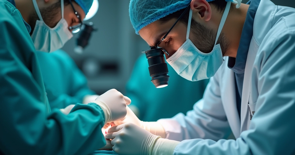 Cirurgião de jaleco usando lupa binocular em procedimento detalhado