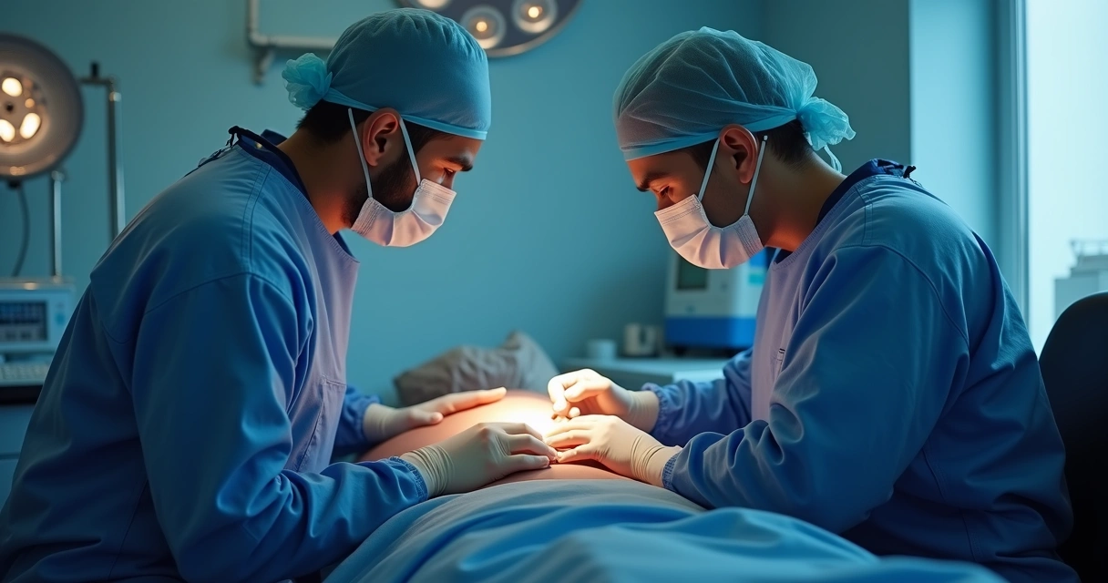 Cirurgião vascular examinando a perna de paciente sentado em consultório moderno 