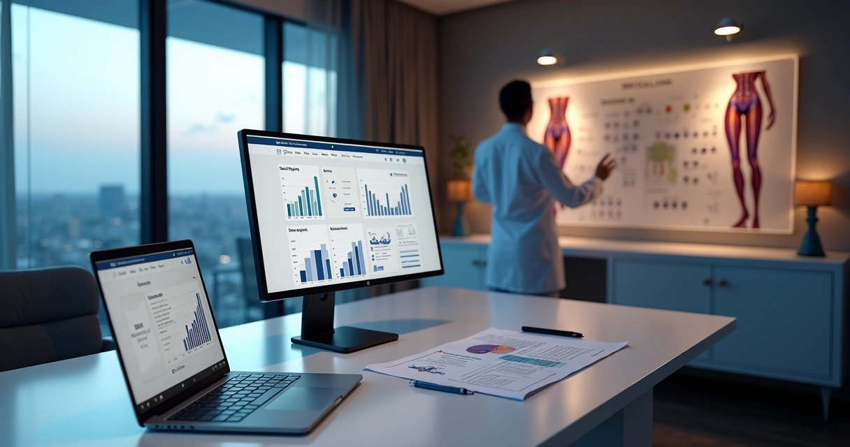 Cirurgião vascular revisando estratégia digital com foco em pacientes com varizes 