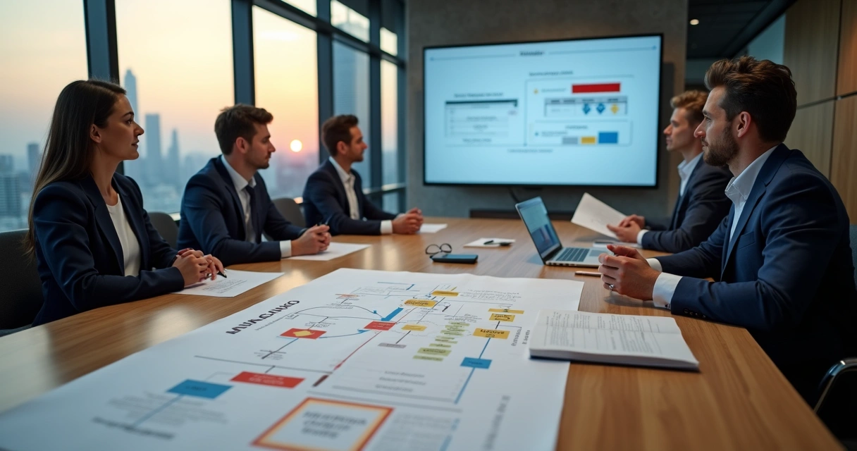 Mesa de reunião com executivos analisando organograma de empresa dividido em partes 