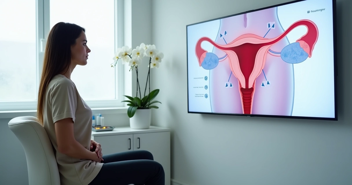 Mulher observando ilustração de ovários com cistos em parede de clínica 