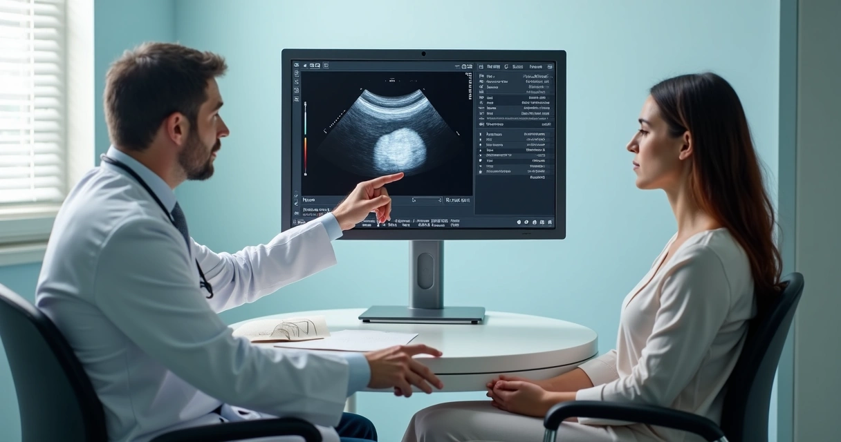Ginecologista explicando ultrassom mostrando cisto no ovário 