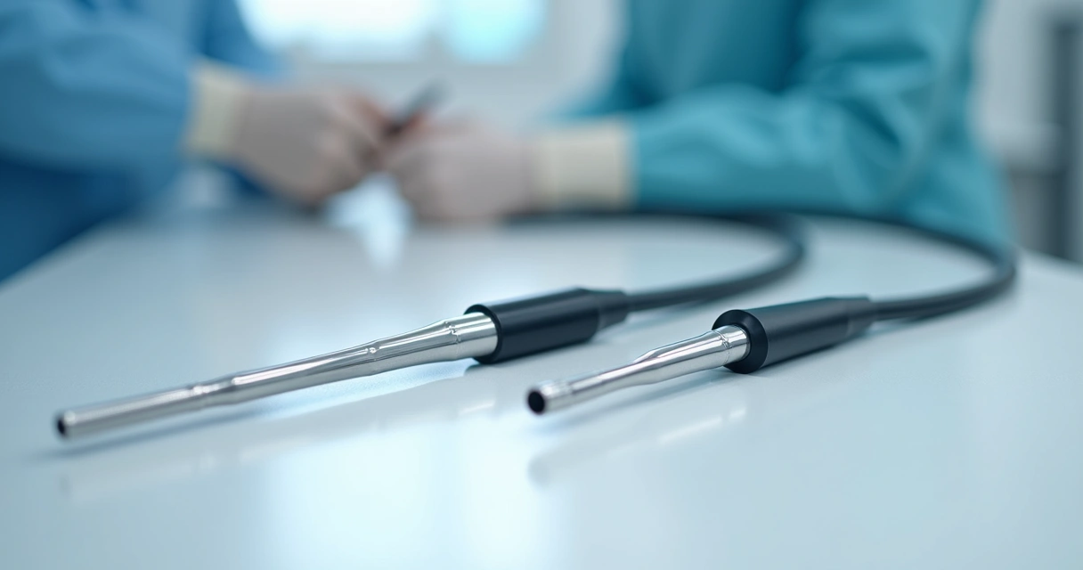 Instrumentos de cistoscopia flexível e rígida alinhados em mesa branca, com foco nos detalhes técnicos. 