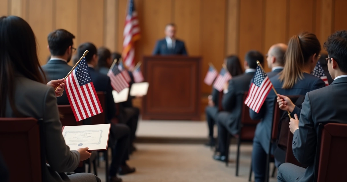 New citizens holding small American flags at oath ceremony 