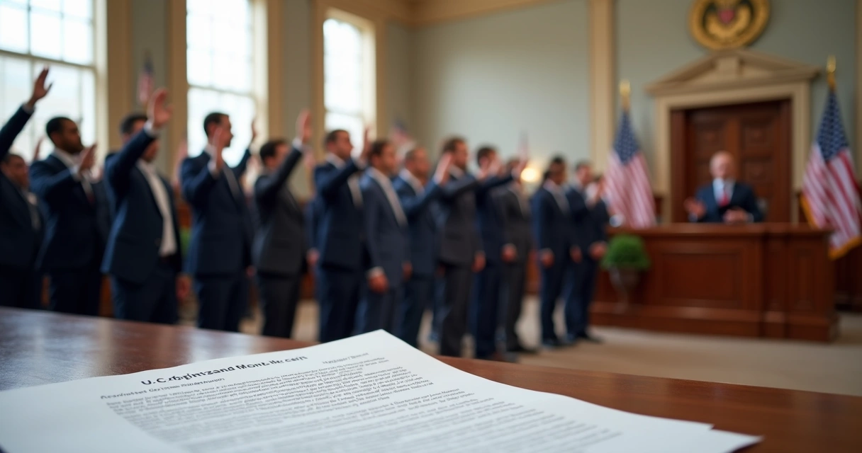 Group raising right hands during U.S. citizenship oath ceremony indoors