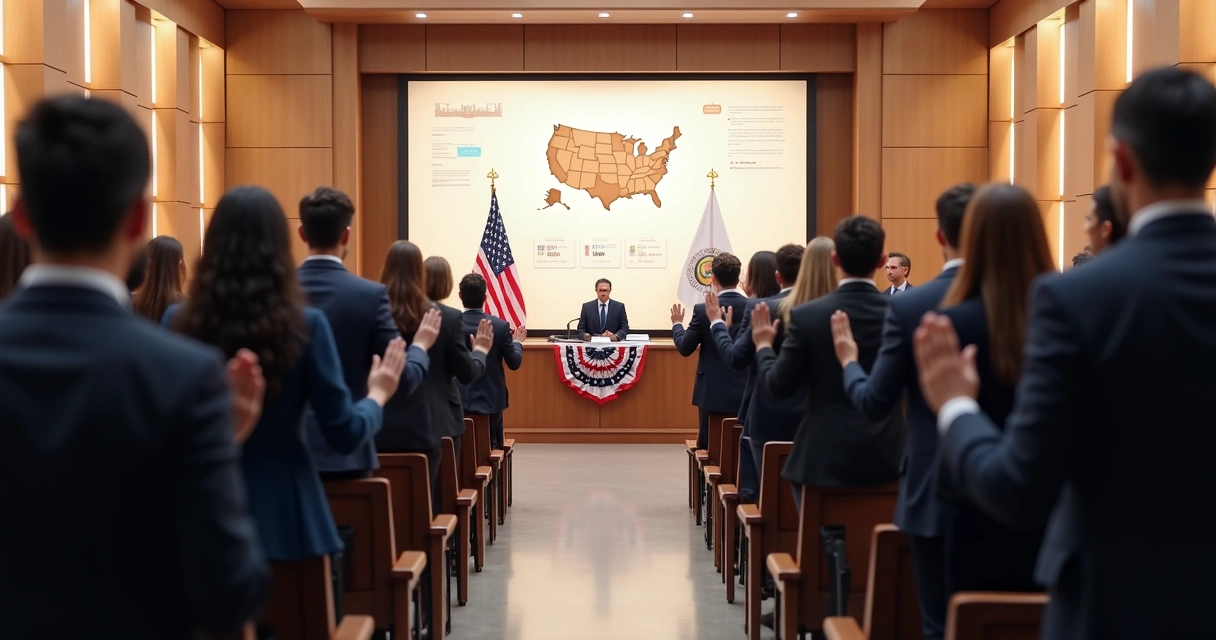 Newly naturalized citizens raising hands during an indoor oath ceremony 