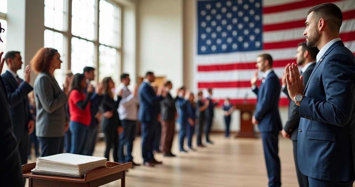 New citizens standing in a bright hall raising right hands during U.S. oath ceremony 