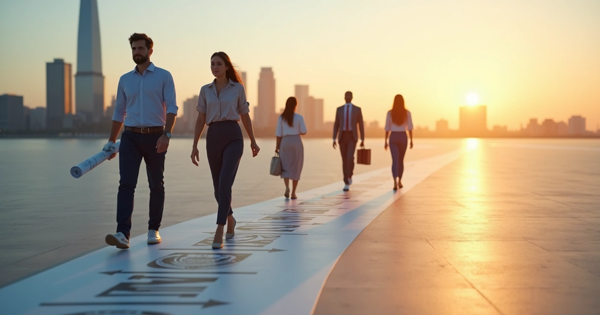 Professional immigrants walking on illustrated roadmap toward distant U.S. city skyline